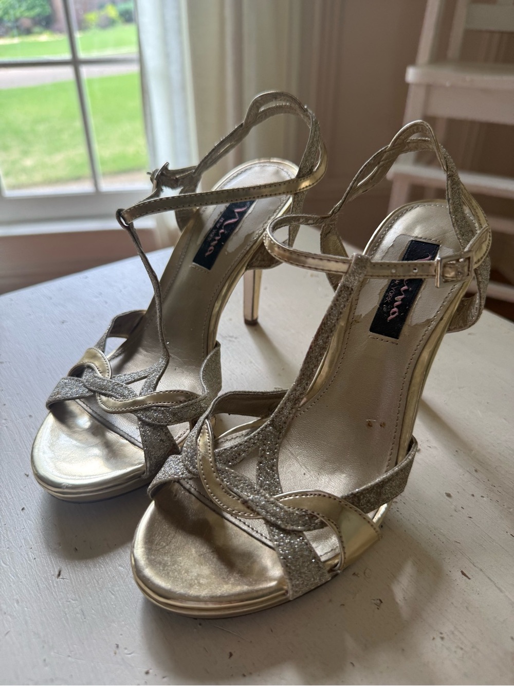 Nina Gold Metallic T-Strap Heels